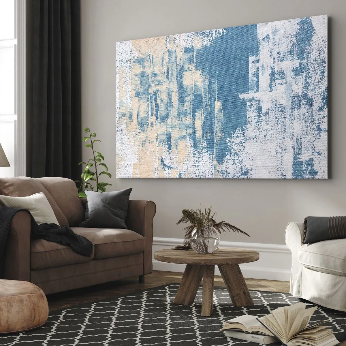 Bild auf Leinwand - Leinwandbild - Abstrakte Komposition in Blau- und Weißtönen - 120x80cm - Durch einen Eiszapfen - Moderne Wanddekoration für Wohnzimmer und Schlafzimmer ARTTOR