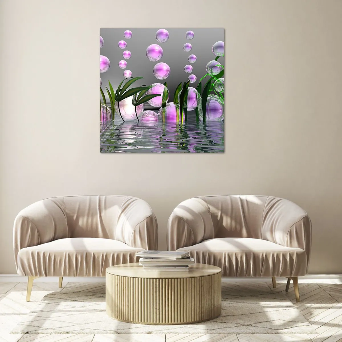 Glasbild - Bild auf glas - Eine reflektierende Komposition aus Leichtigkeit und Leben - 60x60 cm