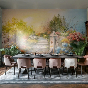 Fototapete Premium Sand - Ein bezaubernder Garten mit einem Steinweg und einer alten Wasserpumpe - 100x70cm - In voller Blüte - Moderne Wanddekoration für Wohnzimmer und Schlafzimmer ARTTOR