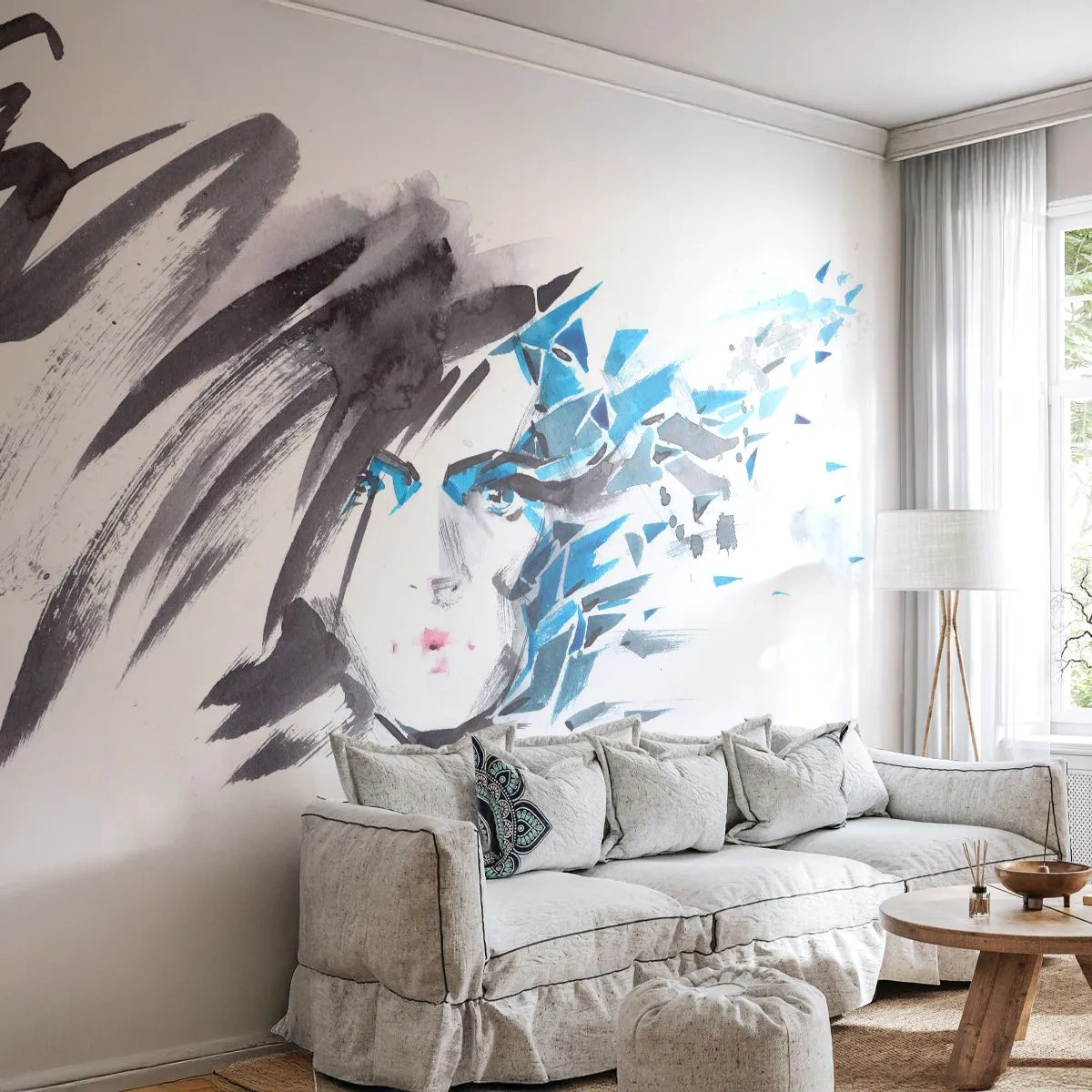 Fototapete Standard Eco - Abstraktes Frauengesicht mit dynamischem Shatter-Effekt - 100x70cm - Sinnliches Portrait in Grau und Blau - Moderne Wanddekoration für Wohnzimmer und Schlafzimmer ARTTOR