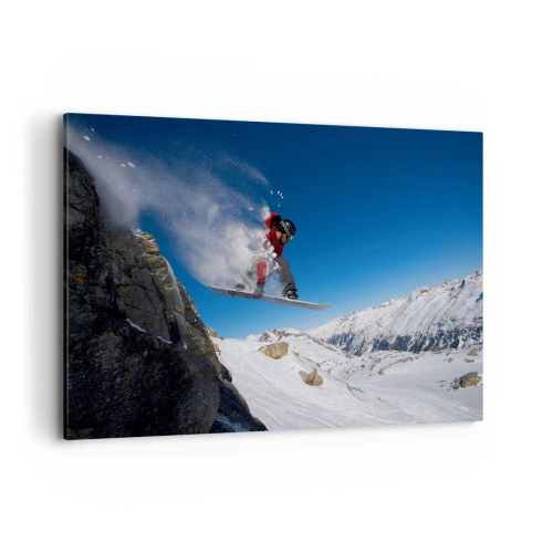 Bild auf Leinwand - Leinwandbild - Ein Snowboarder springt von einem Felsen vor einer Berglandschaft - 120x80cm - Und du wurdest Teil des Raums - Moderne Wanddekoration für Wohnzimmer und Schlafzimmer ARTTOR