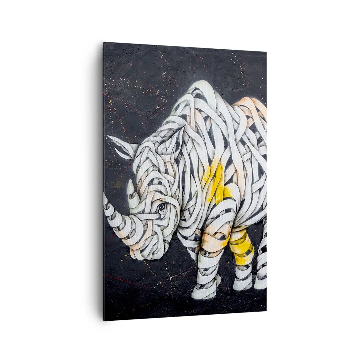 Bild auf Leinwand - Leinwandbild - Ein geschnitztes Nashorn mit abstrakten Streifen auf dunklem Hintergrund. - 80x120cm - Dicke Haut ist ein Mythos - Moderne Wanddekoration für Wohnzimmer und Schlafzimmer ARTTOR