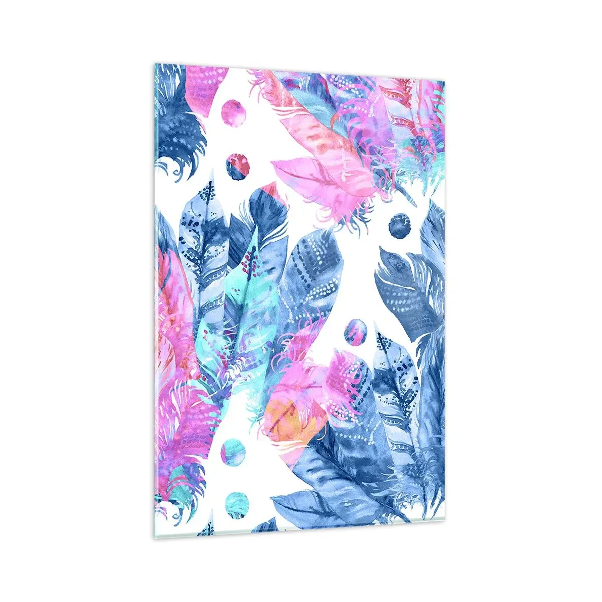 Glasbild - Bild auf glas - Abstraktes Muster mit bunten Federn in Pastelltönen - 80x120cm - Pflaumen in Pink und Blau - Moderne Wanddekoration für Wohnzimmer und Schlafzimmer ARTTOR