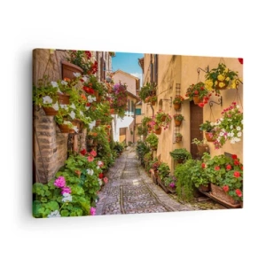 Bild auf Leinwand - Leinwandbild - Eine bezaubernde Straße voller Blumen und Blumentöpfe - 70x50cm - Italienische Gasse - Moderne Wanddekoration für Wohnzimmer und Schlafzimmer ARTTOR