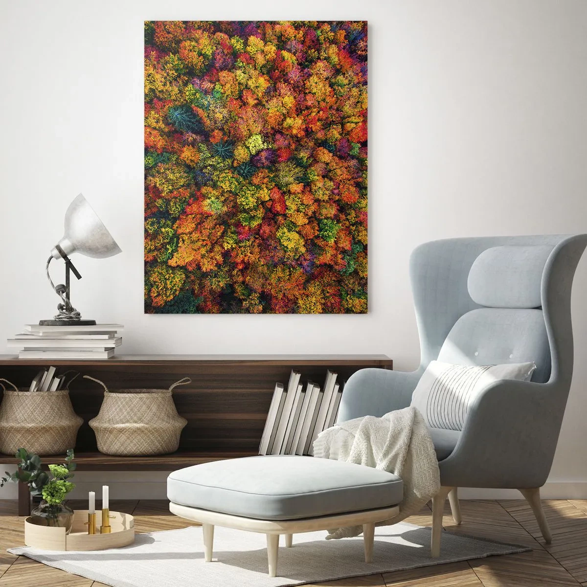 Glasbild - Bild auf glas - Eine Vogelperspektive auf einen Wald im Herbst, voller bunter Bäume - 50x70cm - Blumenstrauß aus Herbstbäumen - Moderne Wanddekoration für Wohnzimmer und Schlafzimmer ARTTOR
