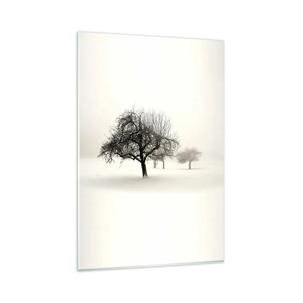 Glasbild - Bild auf glas - Bäume auf einem schneebedeckten Feld, umgeben von Nebel - 80x120cm - Winterschlaf - Moderne Wanddekoration für Wohnzimmer und Schlafzimmer ARTTOR