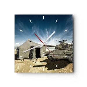 Wanduhr - Glasuhr - Ein Panzer neben einem Militärzelt in einer Wüstengegend - 30x30cm - Ein militärischer Traum - Moderne Wanddekoration für Wohnzimmer und Schlafzimmer ARTTOR