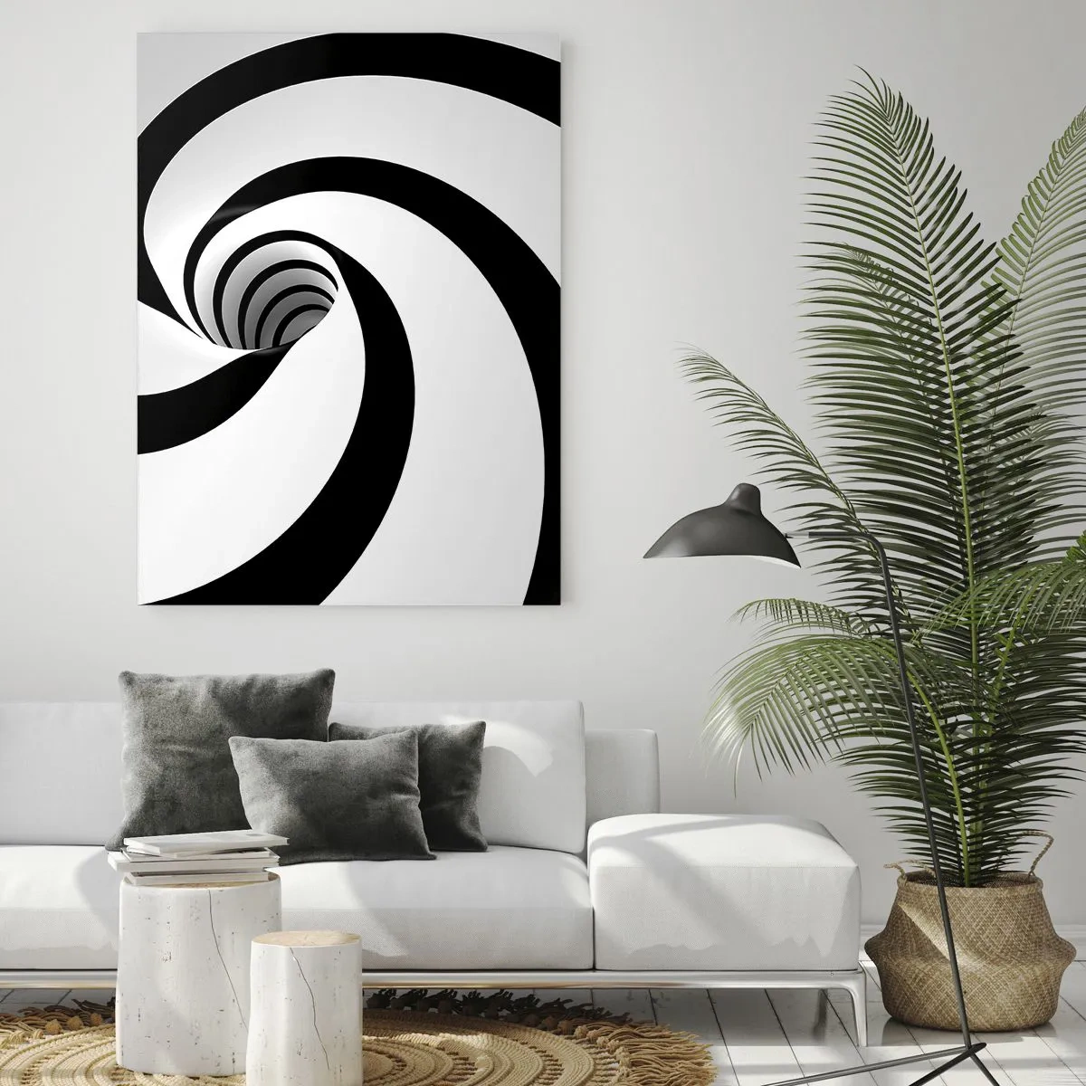 Glasbild - Bild auf glas - Hypnotisches Spiralmuster in Schwarz und Weiß - 50x70cm - Dem Wirbel nachgeben? - Moderne Wanddekoration für Wohnzimmer und Schlafzimmer ARTTOR
