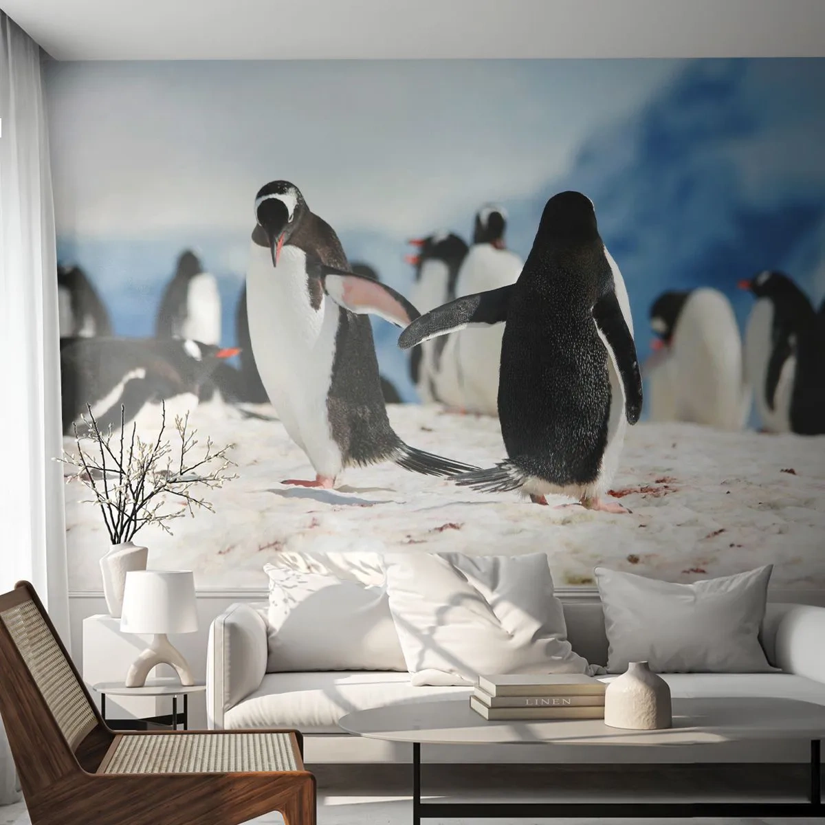Maßgeschneiderte Fototapete Premium Canvas - Tanzen im Schnee - Pinguin, Antarktis, Landschaft