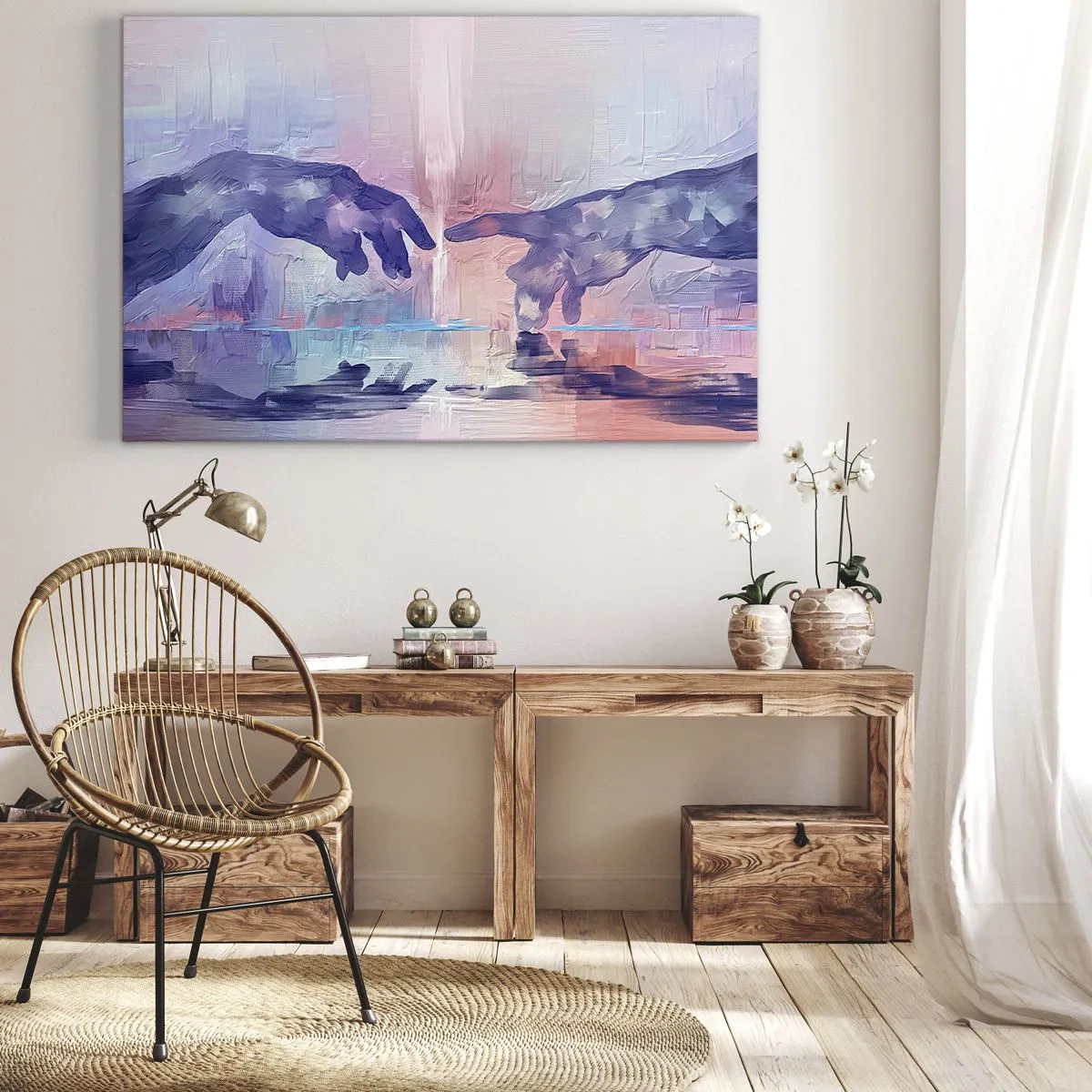 Bild auf Leinwand - Leinwandbild - Symbolische Hände in abstrakten Farben, die auf das Thema der Schöpfung verweisen - 70x50cm - Göttlicher Funke des Lebens - Moderne Wanddekoration für Wohnzimmer und Schlafzimmer ARTTOR