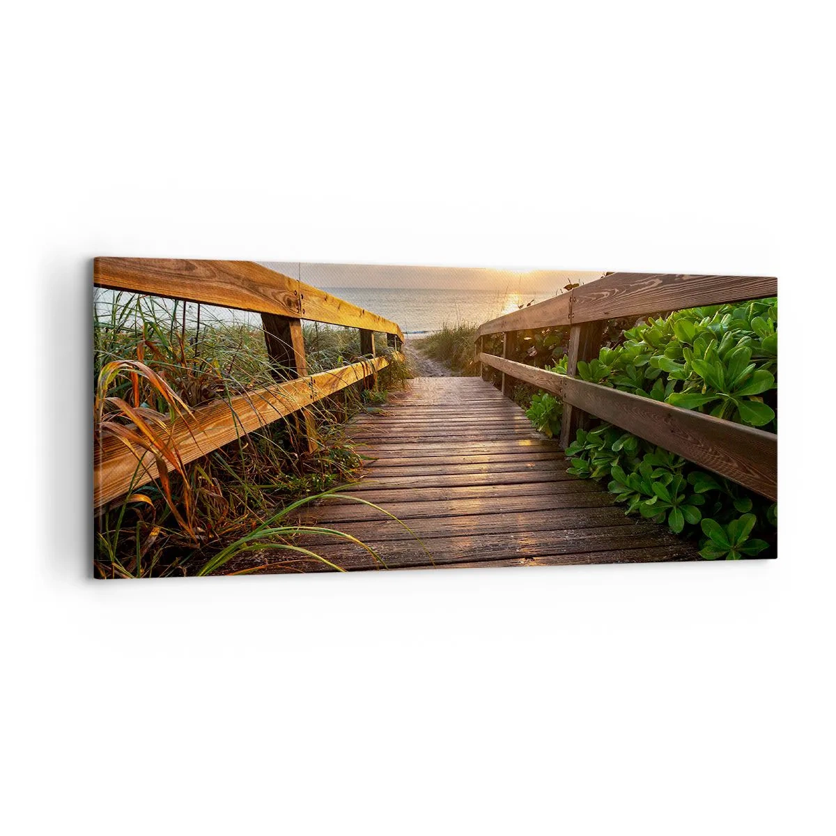 Bild auf Leinwand - Leinwandbild - Holzsteg zum Strand bei Sonnenuntergang - 120x50cm - Und direkt ans Ufer - Moderne Wanddekoration für Wohnzimmer und Schlafzimmer ARTTOR