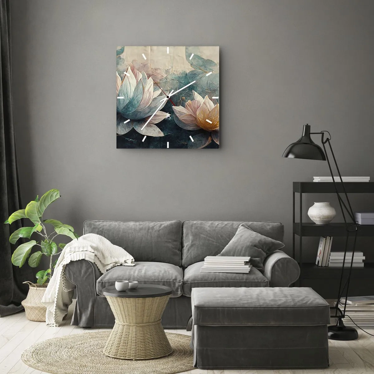 Wanduhr - Glasuhr - Dezente Seerosen in Pastelltönen von Blau und Gold - 30x30cm - Seesterne - Moderne Wanddekoration für Wohnzimmer und Schlafzimmer ARTTOR