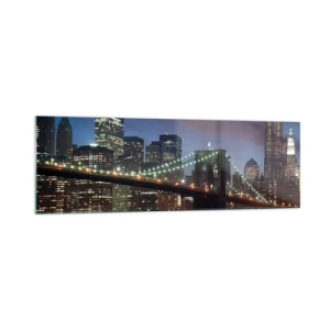 Glasbild - Bild auf glas - New York City Bridge bei Nacht mit beleuchteten Gebäuden - 160x50cm - Leuchtende Nacht - Moderne Wanddekoration für Wohnzimmer und Schlafzimmer ARTTOR