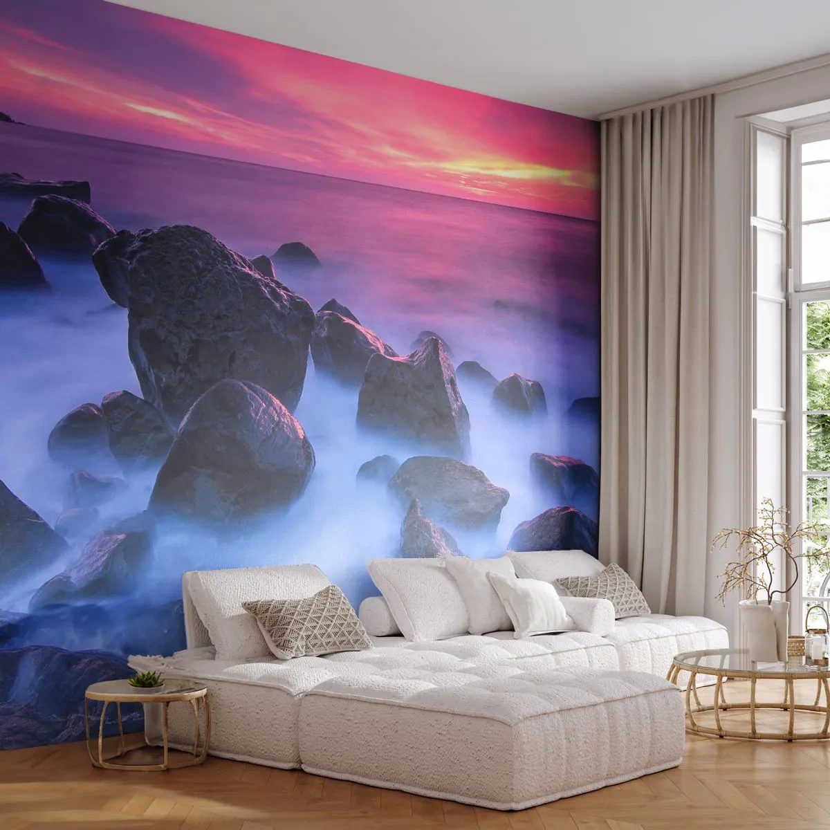 Fototapete Premium Sand - Geburt bei Licht und Nebel - Landschaft, Ozean, Sonnenuntergang - 100x70 cm