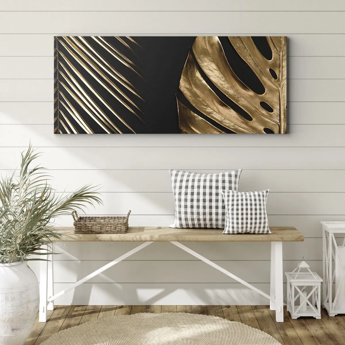 Bild auf Leinwand - Leinwandbild - Goldene Blätter auf schwarzem Hintergrund - 120x50cm - Anders und genauso teuer - Moderne Wanddekoration für Wohnzimmer und Schlafzimmer ARTTOR