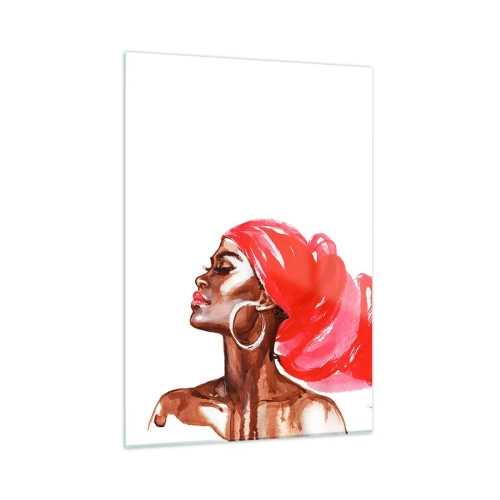 Glasbild - Bild auf glas - Aquarellporträt einer Frau mit rotem Turban - 50x70cm - Es weht ein Wind, der die Nase eines Mannes öffnet - Moderne Wanddekoration für Wohnzimmer und Schlafzimmer ARTTOR