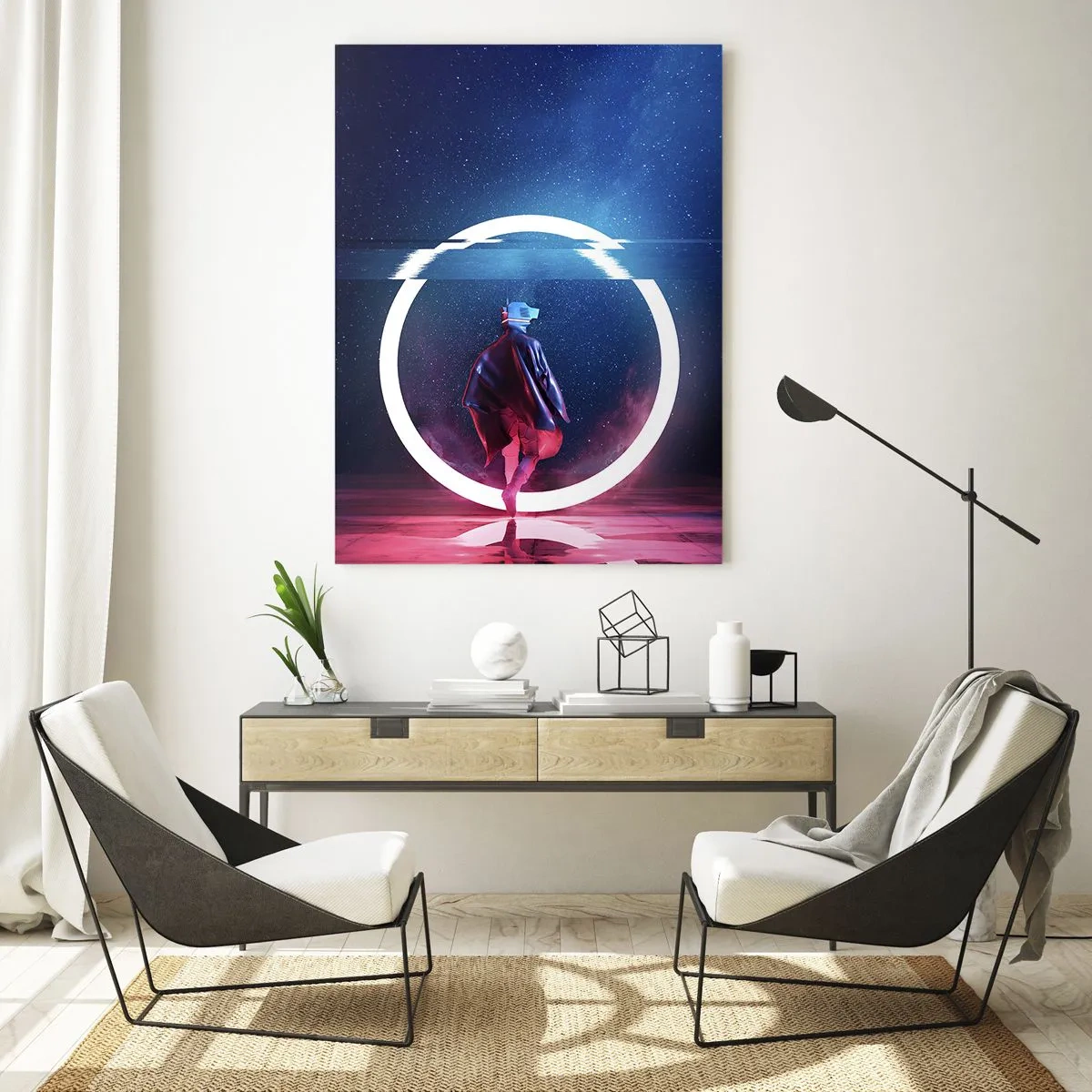 Glasbild - Bild auf glas - Eine Figur in einer futuristischen Umgebung mit einem Neonkreis - 70x100cm - Zwischen den Welten - Moderne Wanddekoration für Wohnzimmer und Schlafzimmer ARTTOR