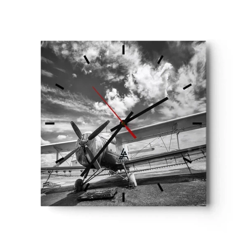 Wanduhr - Glasuhr - Ein altes Flugzeug auf dem Flughafen in Schwarz und Weiß - 30x30cm - Ich kann es kaum erwarten! - Moderne Wanddekoration für Wohnzimmer und Schlafzimmer ARTTOR