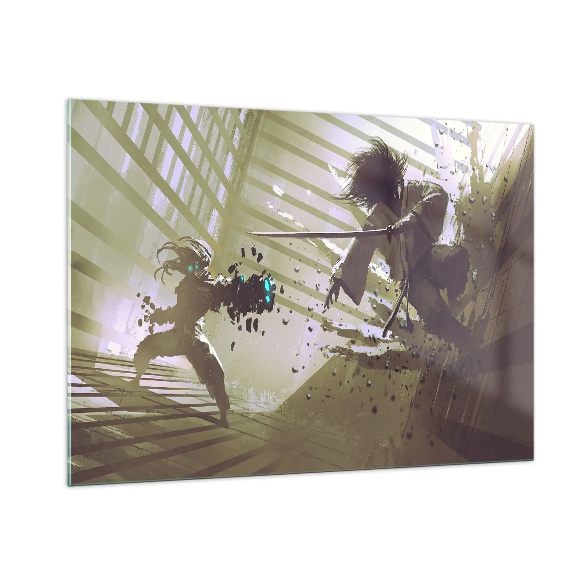 Glasbild - Bild auf glas - Samurai-Duell in einer dynamischen Szene - 100x70cm - Und du kannst ein Samurai sein - Moderne Wanddekoration für Wohnzimmer und Schlafzimmer ARTTOR