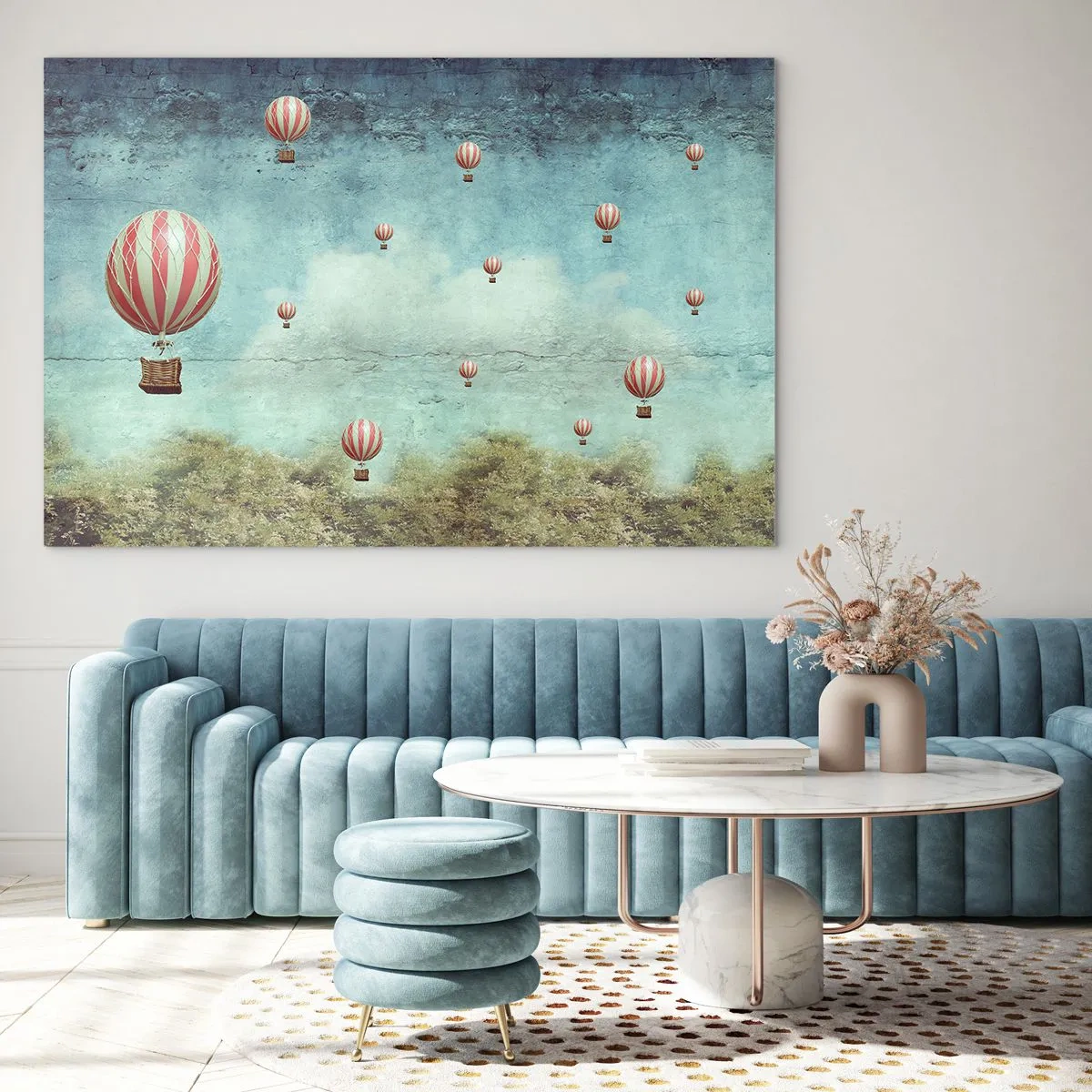 Glasbild - Bild auf glas - Ballons schweben über einer grünen Landschaft - 120x80cm - Frei von der Hektik des Lebens - Moderne Wanddekoration für Wohnzimmer und Schlafzimmer ARTTOR