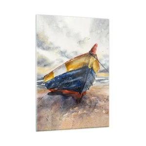 Glasbild - Bild auf glas - Ein buntes Boot am Strand an einem bewölkten Tag - 50x70cm - Erholung am Ufer - Moderne Wanddekoration für Wohnzimmer und Schlafzimmer ARTTOR