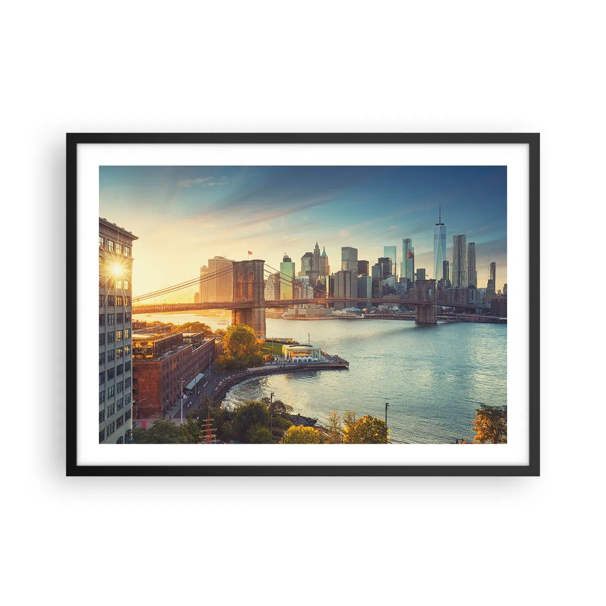 Poster in einem schwarzem Rahmen - Panorama der Stadt mit der Brücke bei Sonnenuntergang - 70x50cm - Morgendämmerung der Großstadt - Moderne Wanddekoration für Wohnzimmer und Schlafzimmer ARTTOR