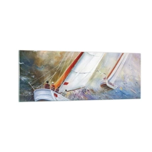 Glasbild - Bild auf glas - Segelboote auf rauen Wellen in einer dynamischen Komposition - 140x50cm - Durch die Wellen laufend - Moderne Wanddekoration für Wohnzimmer und Schlafzimmer ARTTOR