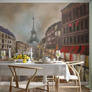 Fototapete Premium Canvas - Abendliches Straßenbild von Paris mit Blick auf den Eiffelturm - 100x70cm - Nur sie zählt - Moderne Wanddekoration für Wohnzimmer und Schlafzimmer ARTTOR