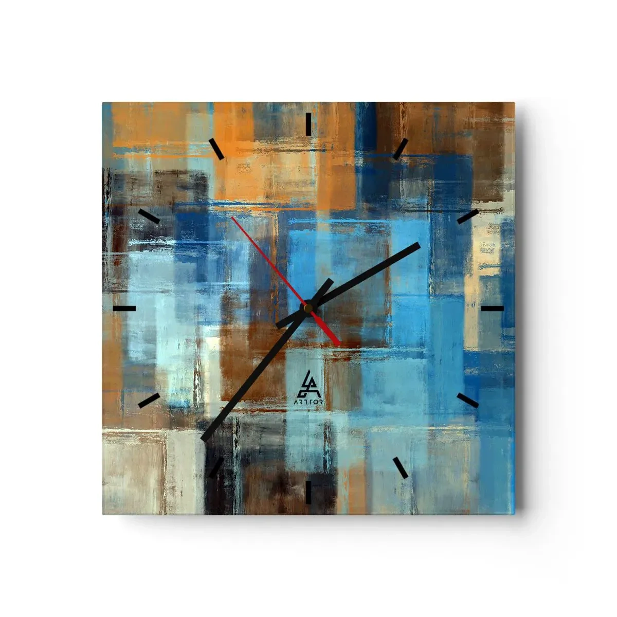 Wanduhr - Glasuhr - Abstrakte geometrische Komposition in Blau- und Brauntönen - 30x30cm - Durch den blauen Schleier - Moderne Wanddekoration für Wohnzimmer und Schlafzimmer ARTTOR