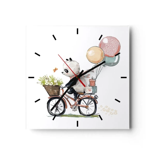Wanduhr - Glasuhr - Panda auf einem Fahrrad mit Luftballons und Blumen - 30x30cm - Glücklicher Tag - Moderne Wanddekoration für Wohnzimmer und Schlafzimmer ARTTOR