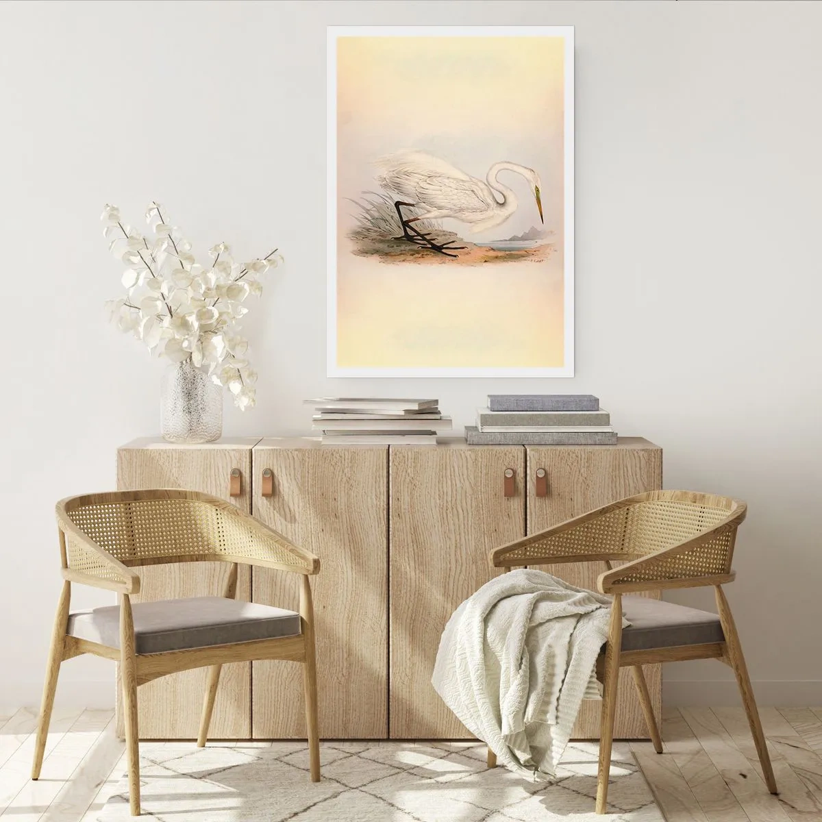 Poster - Illustration eines Reihers vor einem pastellfarbenen Landschaftshintergrund - 50x70cm - Dame auf den Binsen - Moderne Wanddekoration für Wohnzimmer und Schlafzimmer ARTTOR