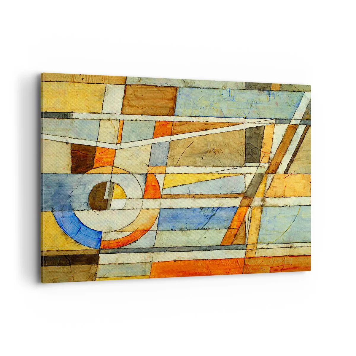 Bild auf Leinwand - Leinwandbild - Geometrische Abstraktion in Beige-, Blau- und Orangetönen - 100x70cm - Kubismus auf der Baustelle - Moderne Wanddekoration für Wohnzimmer und Schlafzimmer ARTTOR