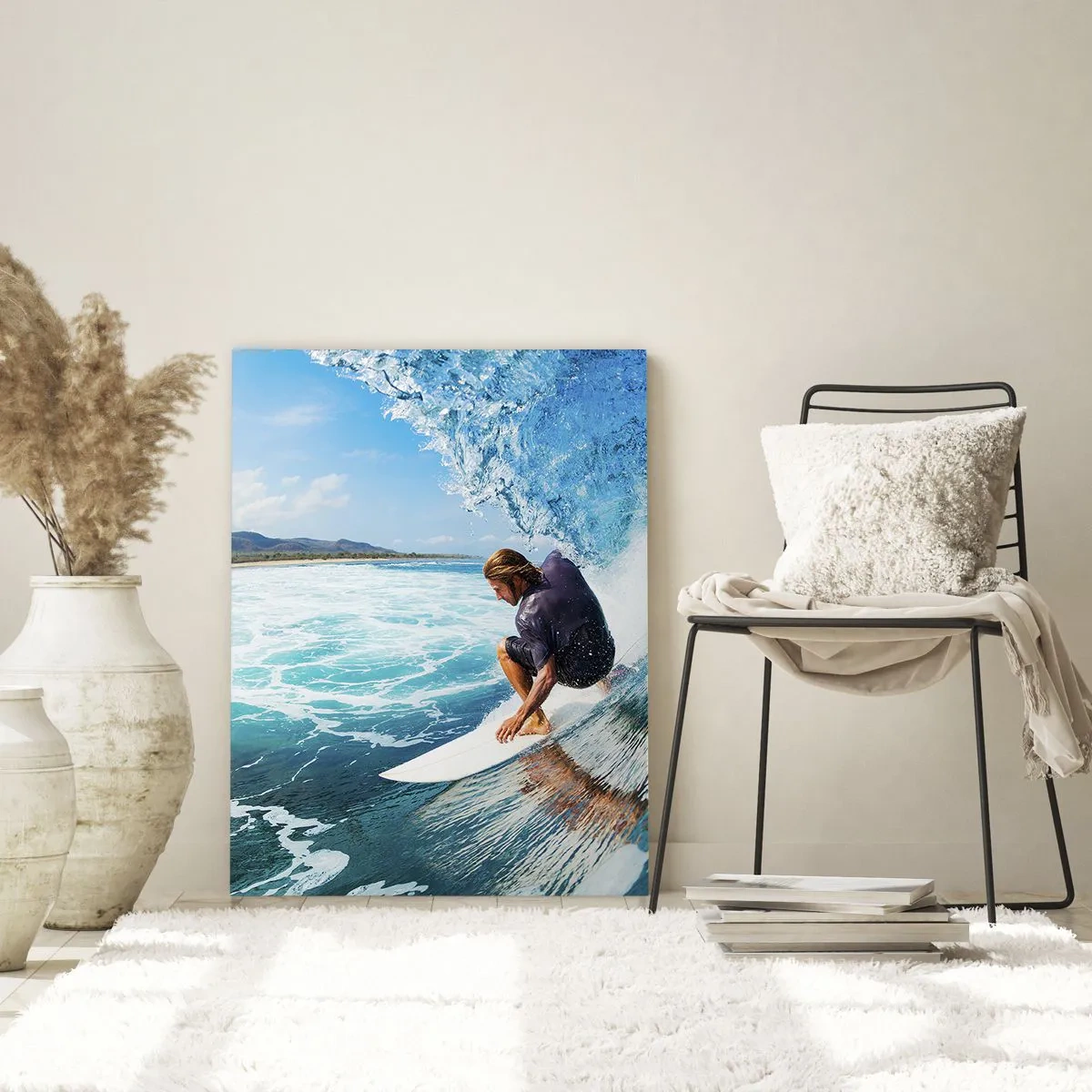 Glasbild - Bild auf glas - Surfer in einem Wassertunnel mit dem Ozean im Hintergrund - 50x70cm - Tanzen mit den Wellen - Moderne Wanddekoration für Wohnzimmer und Schlafzimmer ARTTOR