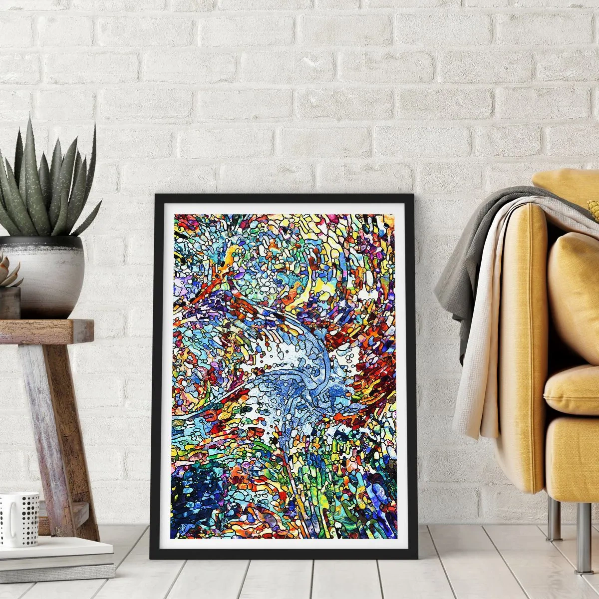 Poster in einem schwarzem Rahmen - Abstrakter Fluss aus Farben und Strukturen - 50x70cm - Glasmalerei Wassertropfen - Moderne Wanddekoration für Wohnzimmer und Schlafzimmer ARTTOR