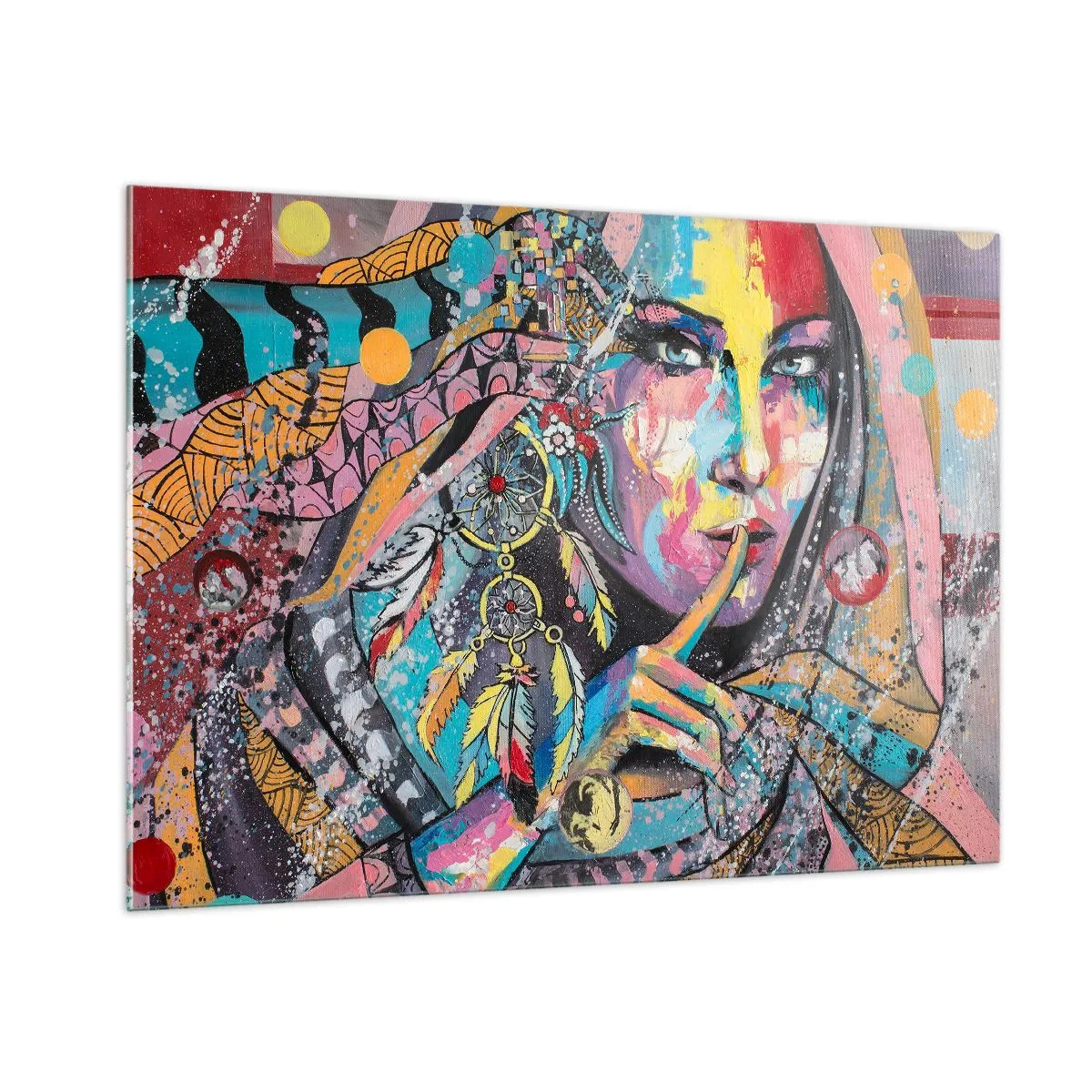 Glasbild - Bild auf glas - Farbenfrohes Frauenporträt mit ethnischen Motiven und Federn - 100x70cm - Sei still, bis du verstehst - Moderne Wanddekoration für Wohnzimmer und Schlafzimmer ARTTOR