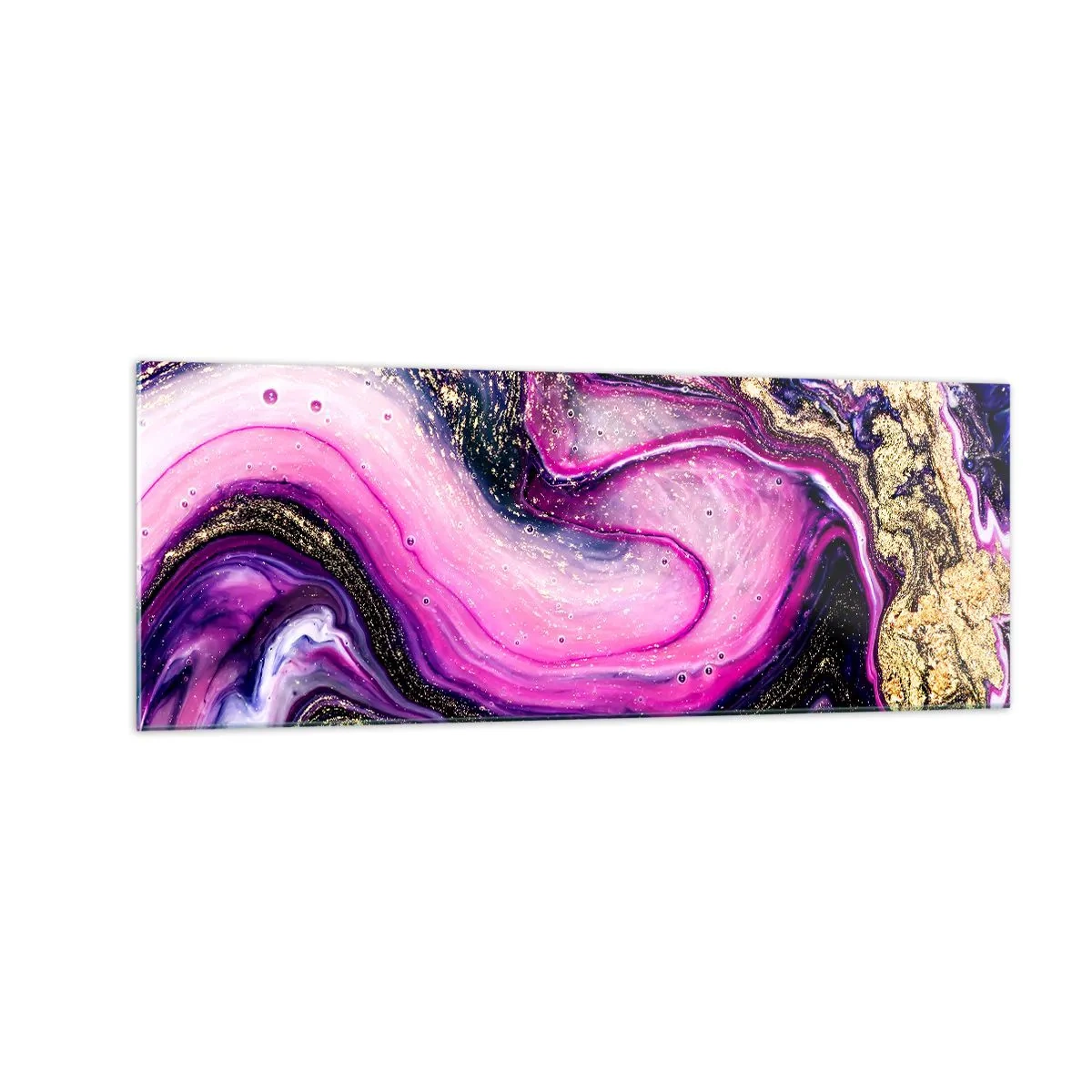 Glasbild - Bild auf glas - Abstrakte Wellen in Lila- und Goldtönen - 140x50cm - Ein Moment hinter den Kulissen - Moderne Wanddekoration für Wohnzimmer und Schlafzimmer ARTTOR