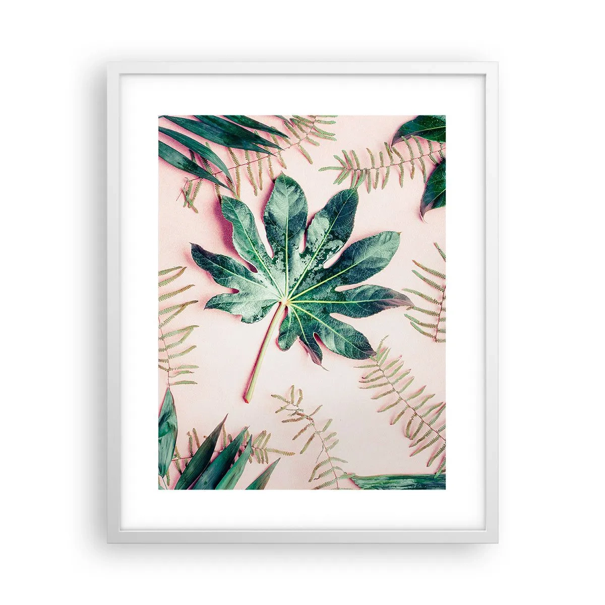 Poster in einem weißen Rahmen - Eine Studie von Grün auf einem rosa Hintergrund - 40x50 cm