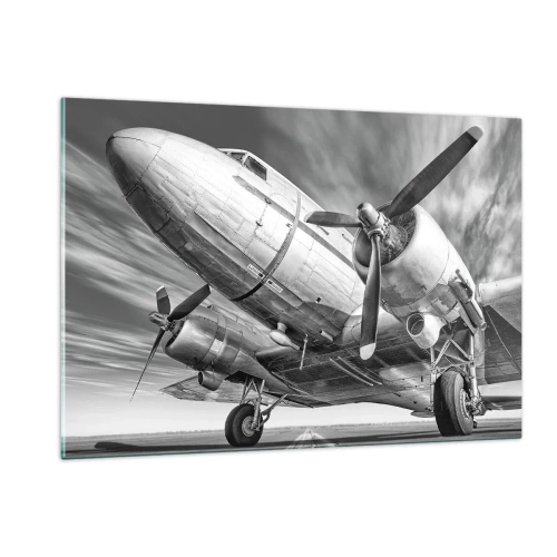 Glasbild - Bild auf glas - Ein schwarz-weißes Propellerflugzeug auf der Landebahn - 120x80cm - Immer flugbereit - Moderne Wanddekoration für Wohnzimmer und Schlafzimmer ARTTOR