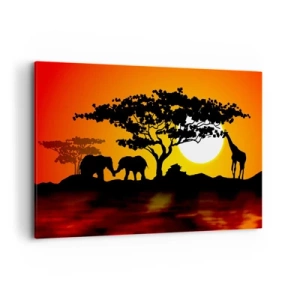 Bild auf Leinwand - Leinwandbild - Afrikanischer Sonnenuntergang mit Silhouetten von Elefanten und Giraffen über dem Wasser - 120x80cm - Treffen in der Savanne - Moderne Wanddekoration für Wohnzimmer und Schlafzimmer ARTTOR