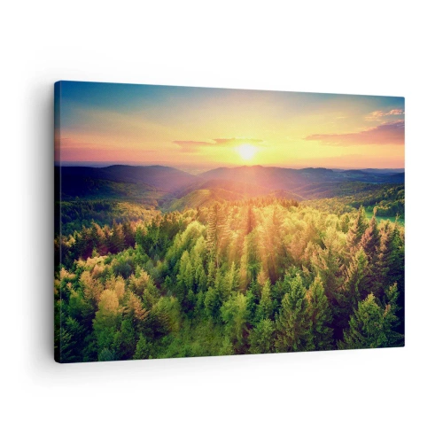 Bild auf Leinwand - Leinwandbild - Waldlandschaft mit Sonnenuntergang über den Hügeln - 70x50cm - Scheitelpunkte und Spitzen - Moderne Wanddekoration für Wohnzimmer und Schlafzimmer ARTTOR