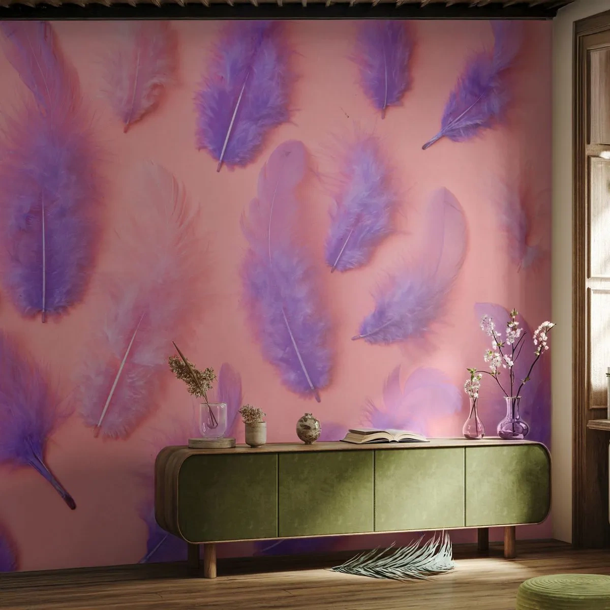 Fototapete Premium Sand - Lila Vogel der Begierde - Vogelfeder, Inspiration, Grafik - 350x256 cm