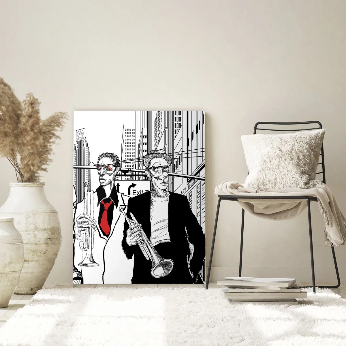 Glasbild - Bild auf glas - Illustration von Jazzmusikern vor urbaner Kulisse - 80x120cm - Urbane Rhapsodie in Schwarz und Rot - Moderne Wanddekoration für Wohnzimmer und Schlafzimmer ARTTOR