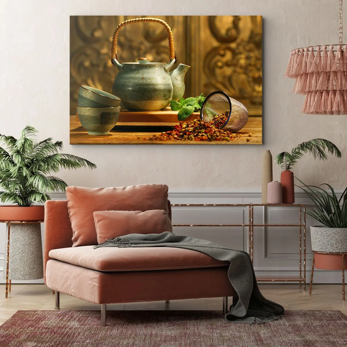 Bild auf Leinwand - Leinwandbild - Keramikkrug mit Tassen und getrocknetem Tee - 120x80cm - Abhandlung über das Teetrinken - Moderne Wanddekoration für Wohnzimmer und Schlafzimmer ARTTOR