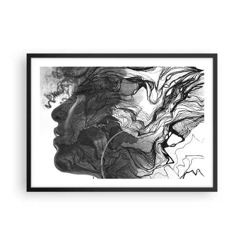 Poster in einem schwarzem Rahmen - Abstraktes Gesicht in Schwarzweiß mit dynamischen Linien. - 70x50cm - Verstrickt in Träume - Moderne Wanddekoration für Wohnzimmer und Schlafzimmer ARTTOR