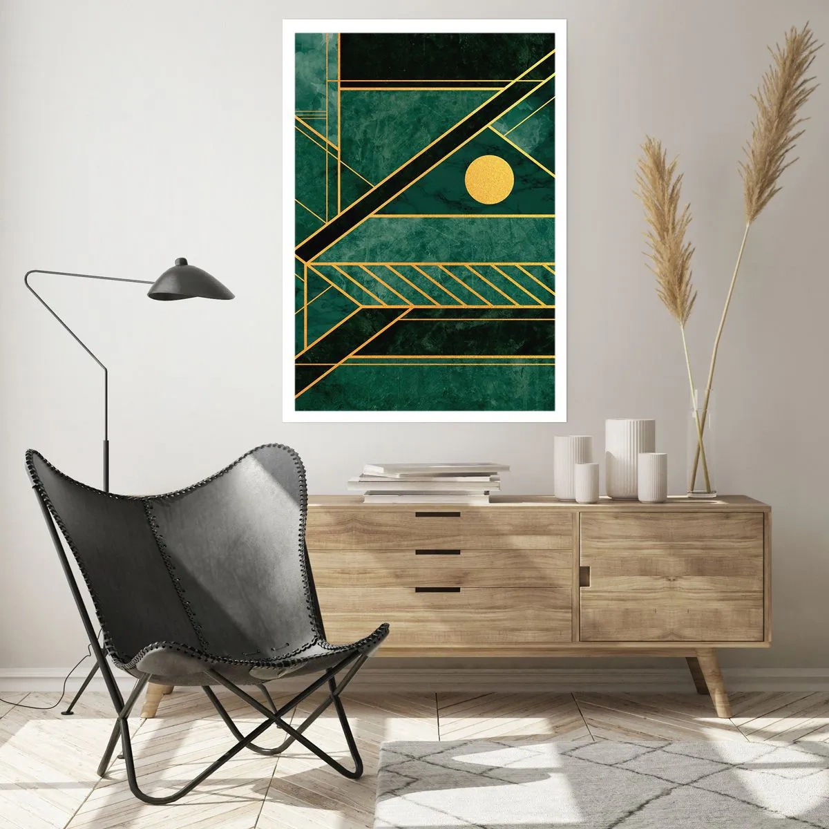 Poster - Geometrische Abstraktion in Grün mit goldenen Akzenten - 50x70cm - Dynamik von Gold und Azurblau - Moderne Wanddekoration für Wohnzimmer und Schlafzimmer ARTTOR