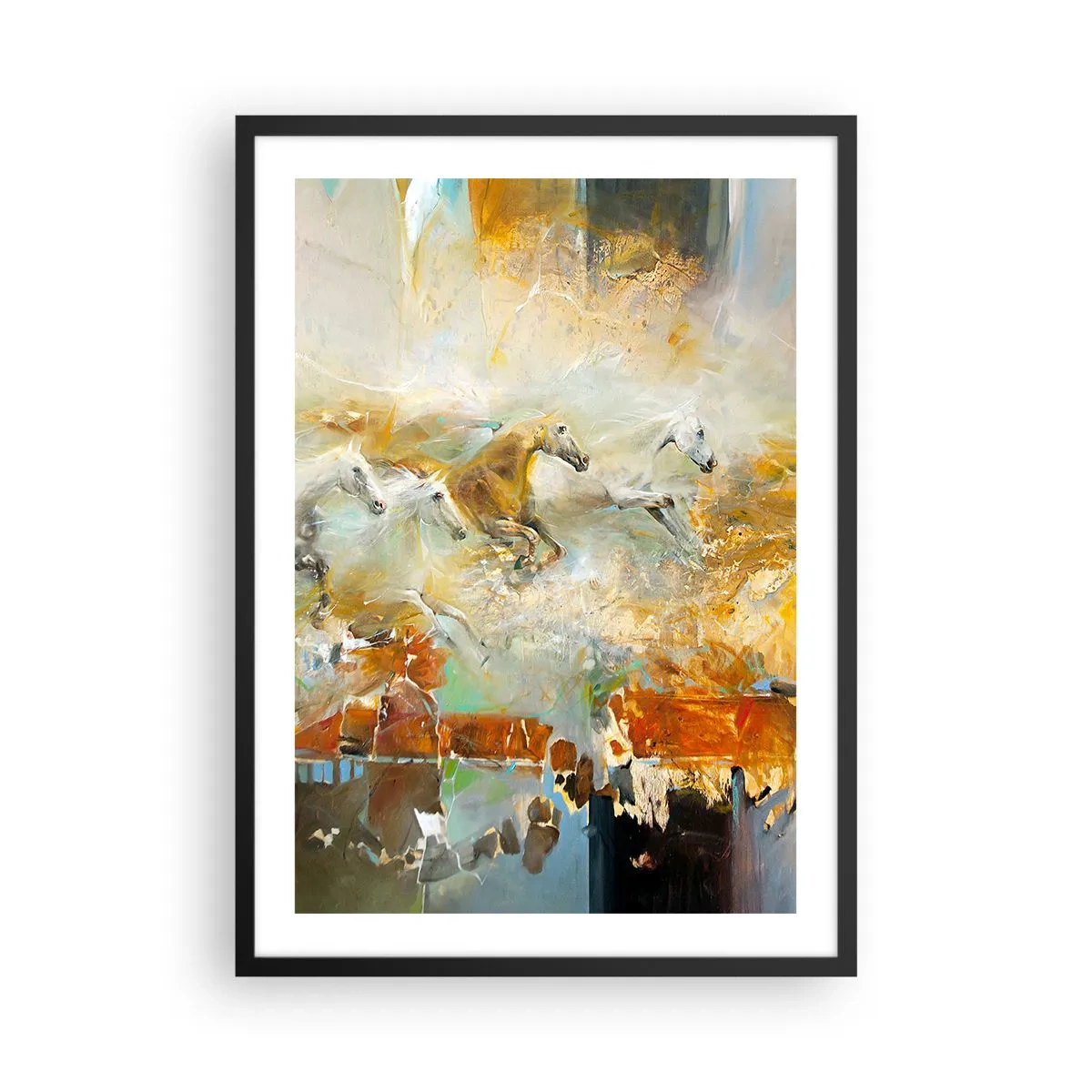 Poster in einem schwarzem Rahmen - Galoppierende Pferde in abstrakter Kulisse - 50x70cm - Im Galopp durch das Licht - Moderne Wanddekoration für Wohnzimmer und Schlafzimmer ARTTOR