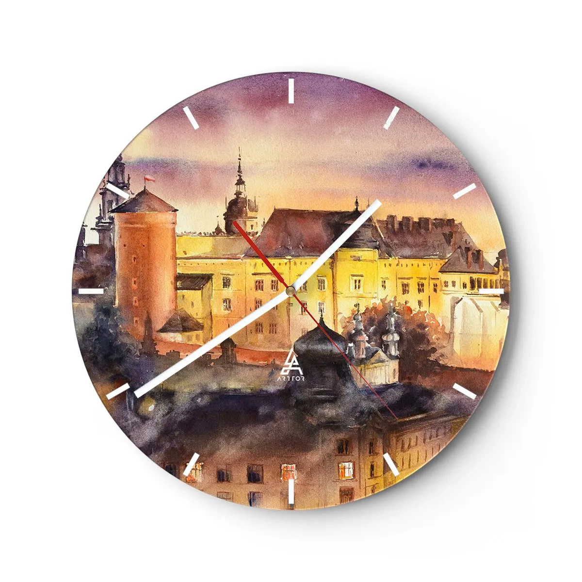 Wanduhr - Glasuhr - Ein Schloss in der Abenddämmerung in warmen Aquarellfarben - 30x30cm - Geschichte und Märchen - Moderne Wanddekoration für Wohnzimmer, Küche und Schlafzimmer ARTTOR