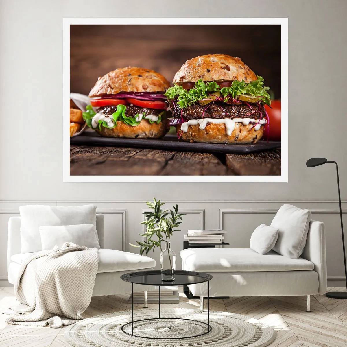 Poster - Appetitliche Burger mit Gemüse und Sauce - 100x70cm - Amerikanischer Traum - Moderne Wanddekoration für Wohnzimmer und Schlafzimmer ARTTOR