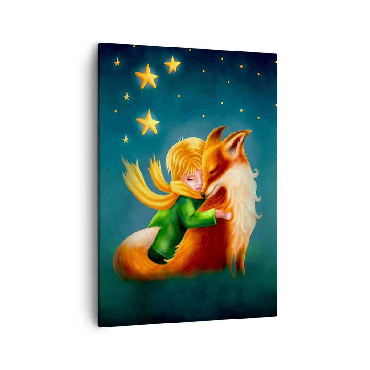Bild auf Leinwand - Leinwandbild - Ein Junge mit einem Fuchs in einer magischen Umgebung mit Sternen - 50x70cm - Kleiner Prinz - Moderne Wanddekoration für Wohnzimmer und Schlafzimmer ARTTOR