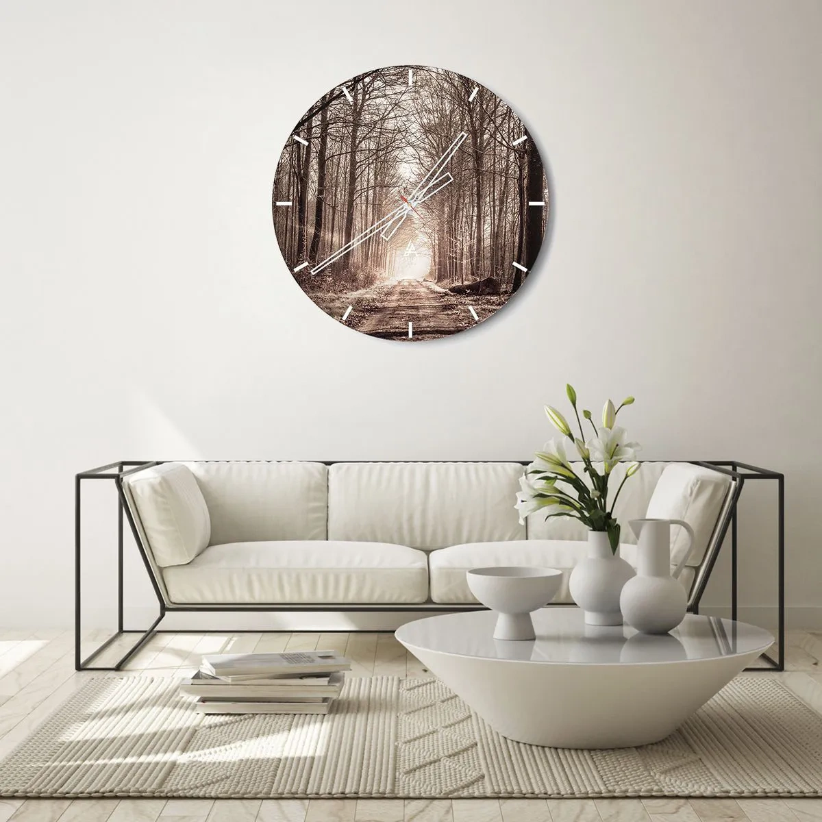 Wanduhr - Glasuhr - Eine Baumallee in einer herbstlichen Landschaft mit Blick in die Tiefe - 30x30cm - Waldkathedrale - Moderne Wanddekoration für Wohnzimmer, Küche und Schlafzimmer ARTTOR